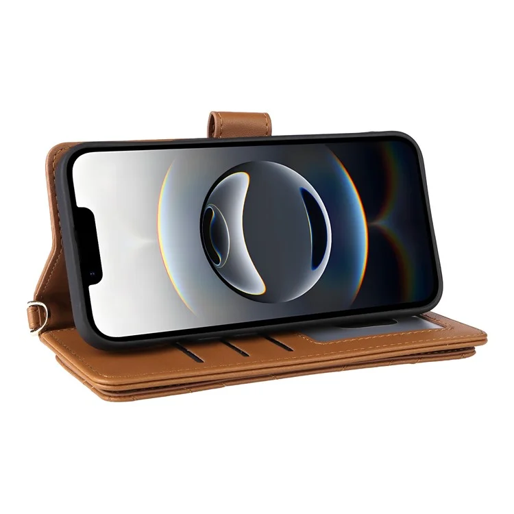 For iPhone 16e Wallet Case with Shoulder / Wrist Strap Leather Phone Cover Stand - Brown