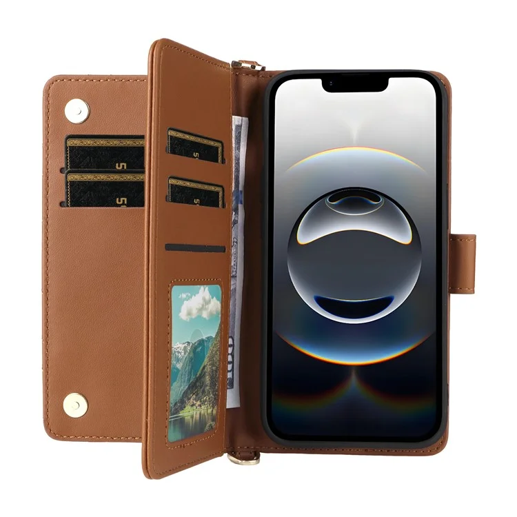 For iPhone 16e Wallet Case with Shoulder / Wrist Strap Leather Phone Cover Stand - Brown