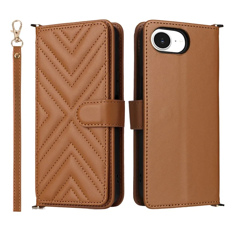 For iPhone 16e Wallet Case with Shoulder / Wrist Strap Leather Phone Cover Stand - Brown