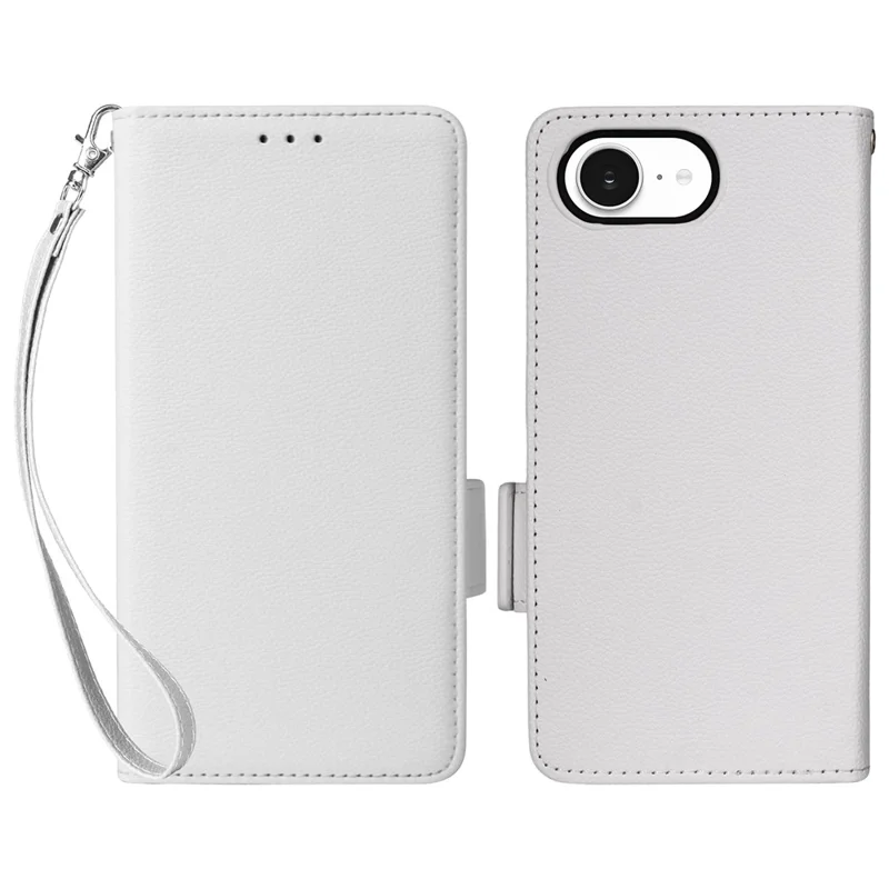 For iPhone 16e Case with Wrist Strap Litchi Texture PU Leather Wallet Phone Cover - White