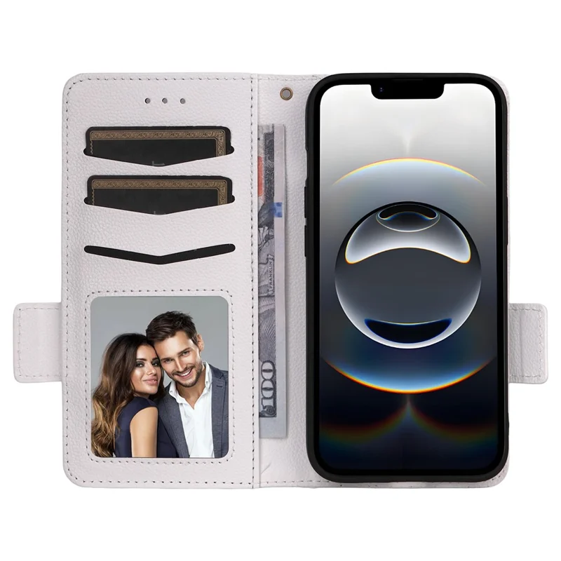 For iPhone 16e Case with Wrist Strap Litchi Texture PU Leather Wallet Phone Cover - White