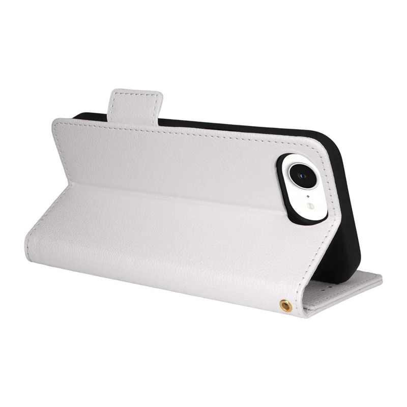 For iPhone 16e Case with Wrist Strap Litchi Texture PU Leather Wallet Phone Cover - White