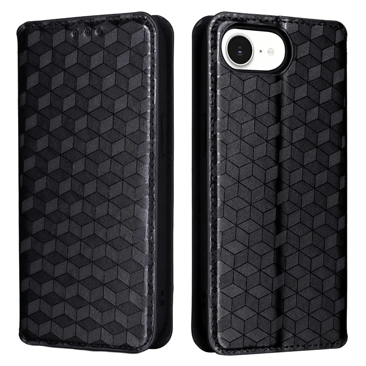 For iPhone 16e Case Wallet Rhombus Imprinted Leather Phone Cover - Black