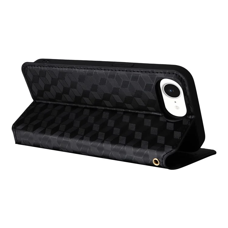 For iPhone 16e Case Wallet Rhombus Imprinted Leather Phone Cover - Black