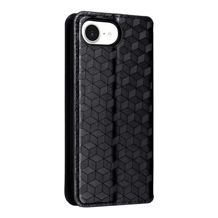 For iPhone 16e Case Wallet Rhombus Imprinted Leather Phone Cover - Black