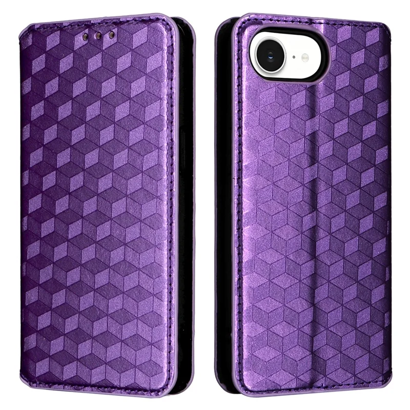 For iPhone 16e Case Wallet Rhombus Imprinted Leather Phone Cover - Purple