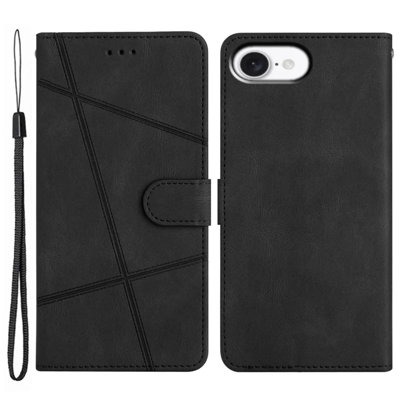 For iPhone 16e Wallet Case Line Imprinted Skin-Touch Leather Flip Phone Cover - Black