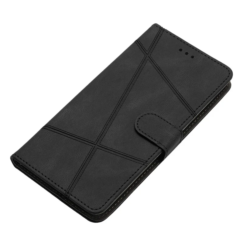 For iPhone 16e Wallet Case Line Imprinted Skin-Touch Leather Flip Phone Cover - Black