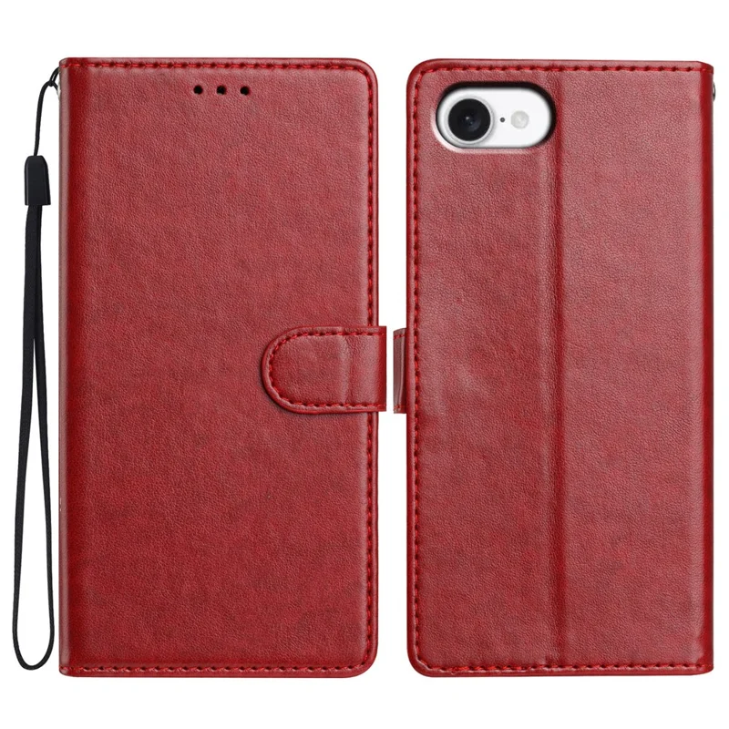 For iPhone 16e Leather Case Wallet Stand Phone Cover with Handy Strap - Red