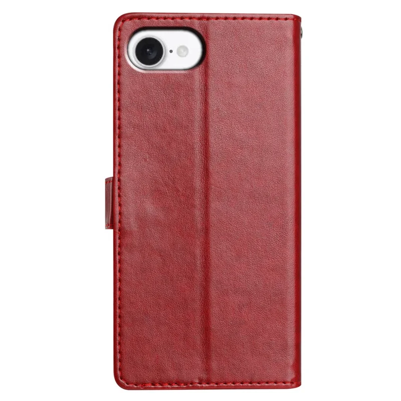 For iPhone 16e Leather Case Wallet Stand Phone Cover with Handy Strap - Red