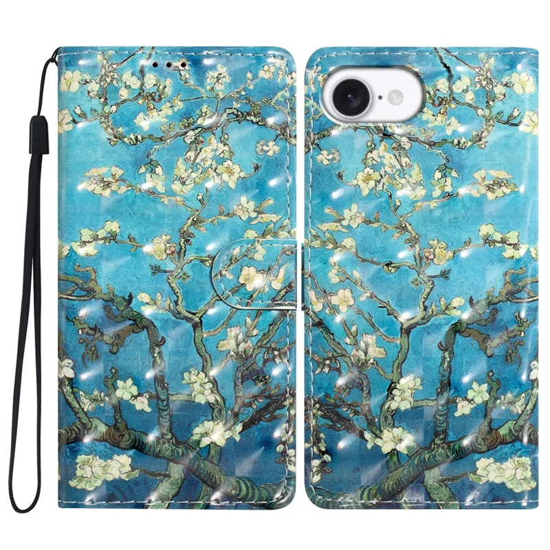 For iPhone 16e Hoesje van PU-leer Wallettelefoonhoes met 3D-patroonprint - Perzikbloesem