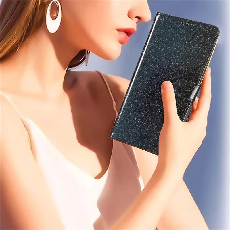 For iPhone 16e Wallet Case Glitter Anti-Scratch Leather Phone Cover Stand - Black