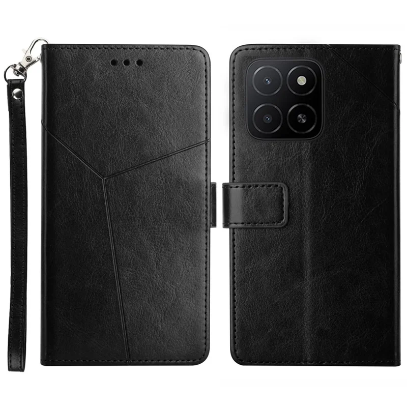 غطاء لهاتف Honor X8c 4G مع حزام معصم بنقوش خطوط على شكل Y من الجلد الصناعي - أسود