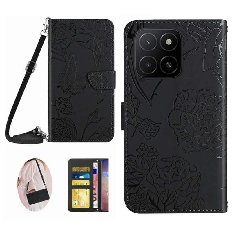For Honor X8c 4G Case Butterfly Flower Imprint Leather Phone Cover with Shoulder Strap - Black