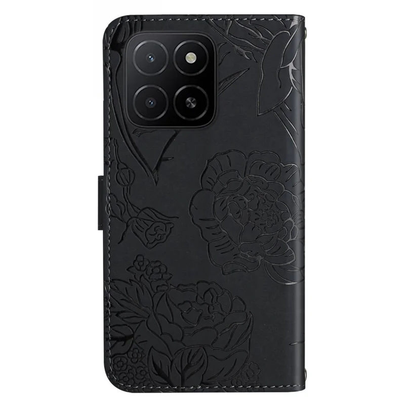 For Honor X8c 4G Case Butterfly Flower Imprint Leather Phone Cover with Shoulder Strap - Black