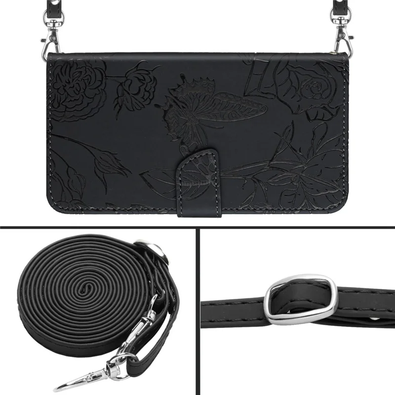 For Honor X8c 4G Case Butterfly Flower Imprint Leather Phone Cover with Shoulder Strap - Black