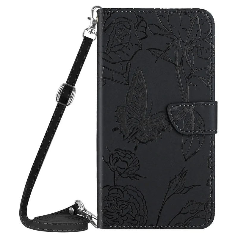 For Honor X8c 4G Case Butterfly Flower Imprint Leather Phone Cover with Shoulder Strap - Black