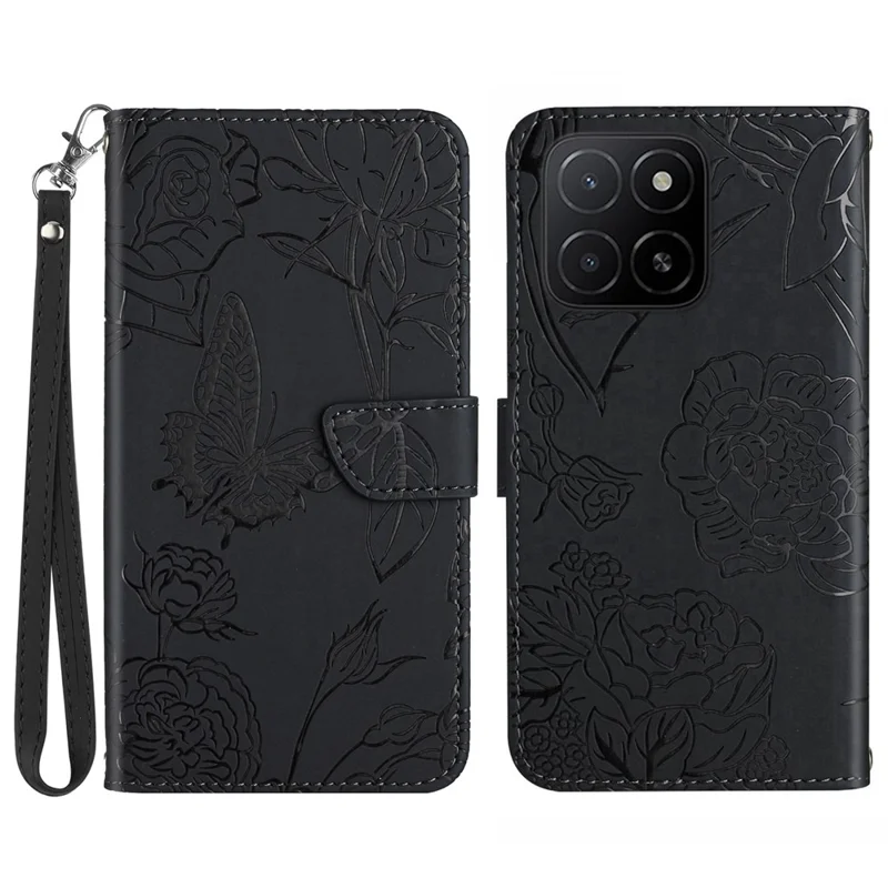 For Honor X8c 4G Case Butterfly Flower Imprinted Leather Phone Cover with Strap - Black