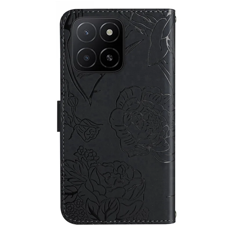 For Honor X8c 4G Case Butterfly Flower Imprinted Leather Phone Cover with Strap - Black