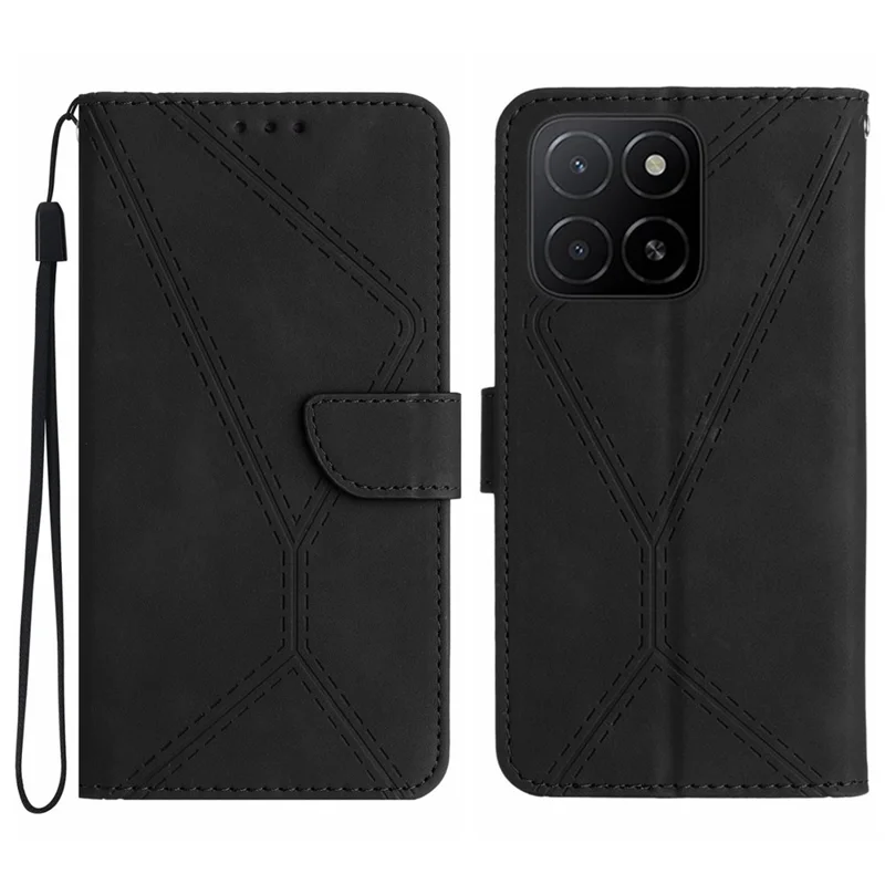 For Honor X8c 4G Case Skin Touch Lines Imprinted PU Leather Flip Phone Cover - Black