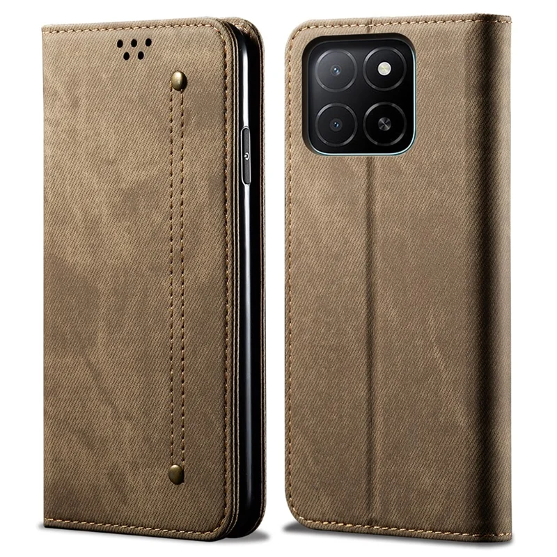 Capa para Honor X8c 4G Estilo Jeans com Textura de Tecido Antirriscos com Suporte de Couro - Cor Cáqui