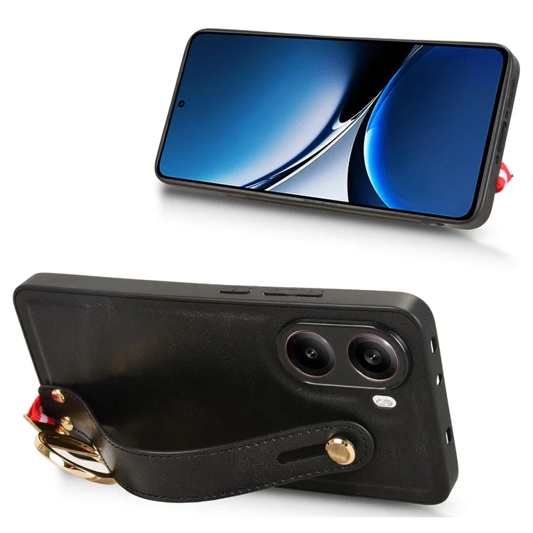 Funda para Xiaomi Poco X7 Pro 5G con Correa de Muñeca, Soporte y Abrebotellas - Piel+PC+TPU - Negro