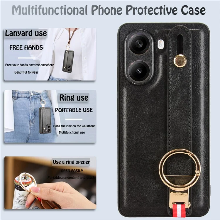 Funda para Xiaomi Poco X7 Pro 5G con Correa de Muñeca, Soporte y Abrebotellas - Piel+PC+TPU - Negro