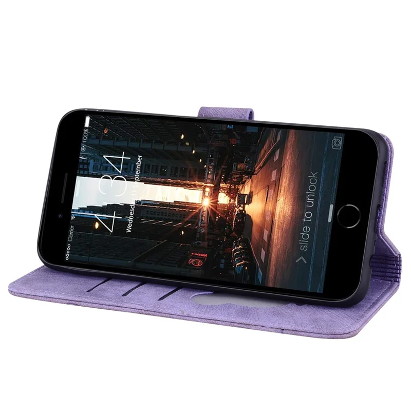 For iPhone 16e Case Flip Stand Leather Phone Cover Cherry Blossom Cat Imprinted - Purple