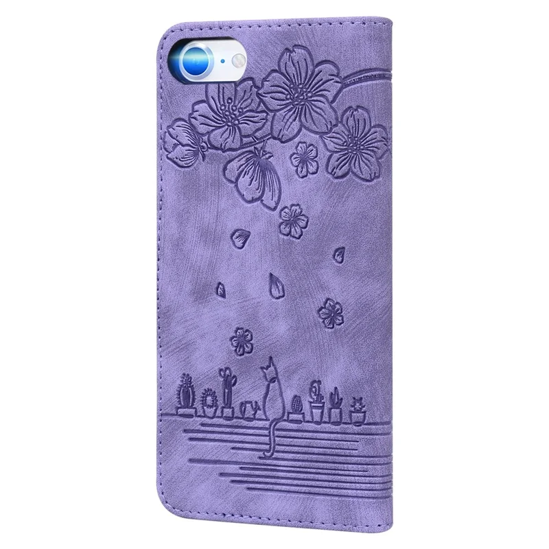 For iPhone 16e Case Flip Stand Leather Phone Cover Cherry Blossom Cat Imprinted - Purple