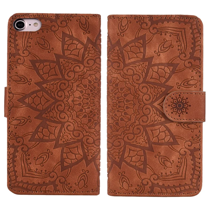 For iPhone 16e Hoesje PU Leren Portemonnee Flip Hoesje met Ingelijste Bloem - Bruin