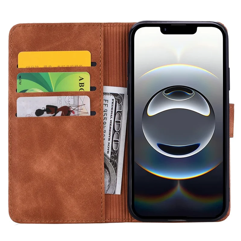 For iPhone 16e Hoesje PU Leren Portemonnee Flip Hoesje met Ingelijste Bloem - Bruin