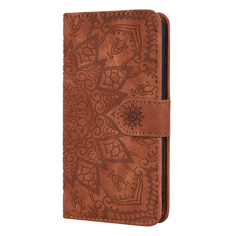 For iPhone 16e Hoesje PU Leren Portemonnee Flip Hoesje met Ingelijste Bloem - Bruin
