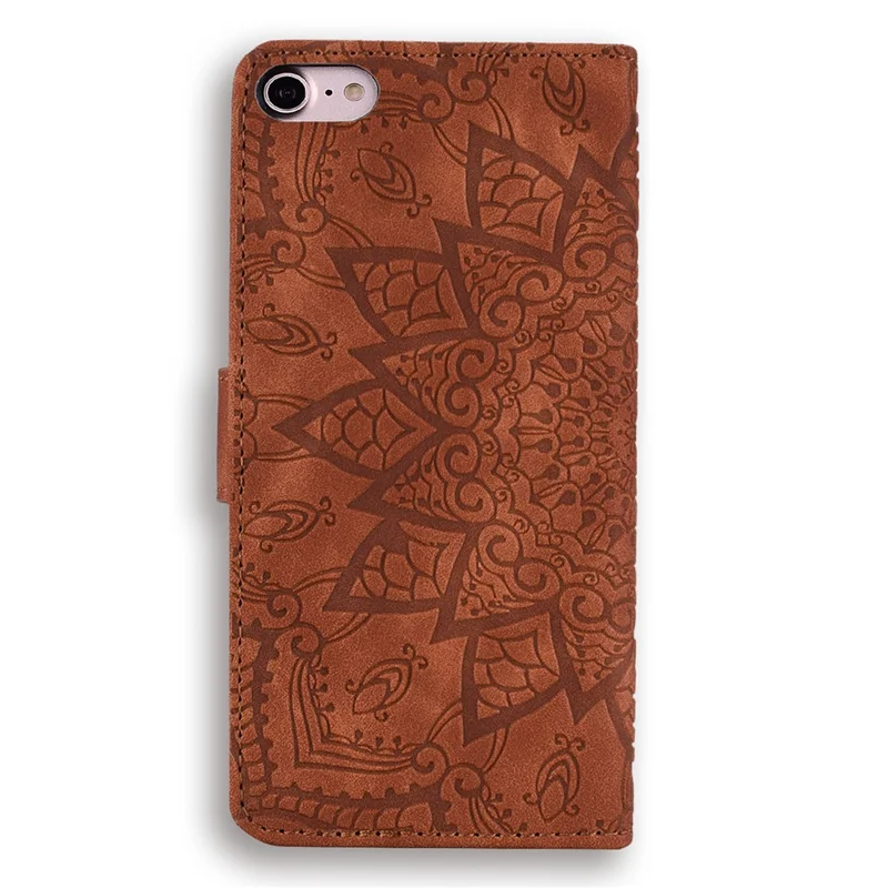 For iPhone 16e Hoesje PU Leren Portemonnee Flip Hoesje met Ingelijste Bloem - Bruin