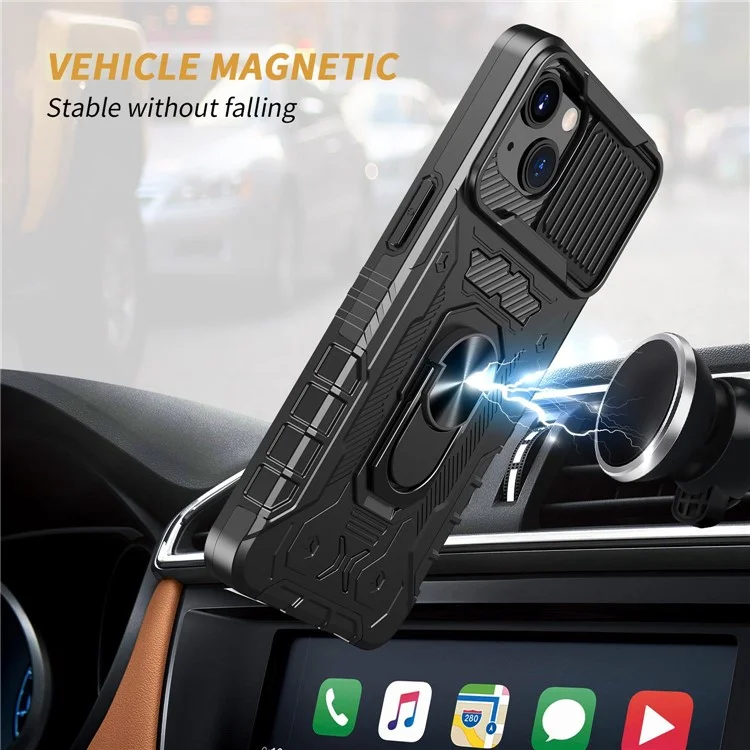 Slide Camera Protection Phone Case for iPhone 14 Plus, Kickstand PC + TPU Anti-drop Cover with Tempered Glass Film - Black