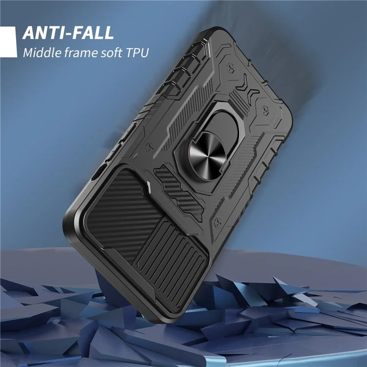 Slide Camera Protection Phone Case for iPhone 14 Plus, Kickstand PC + TPU Anti-drop Cover with Tempered Glass Film - Black