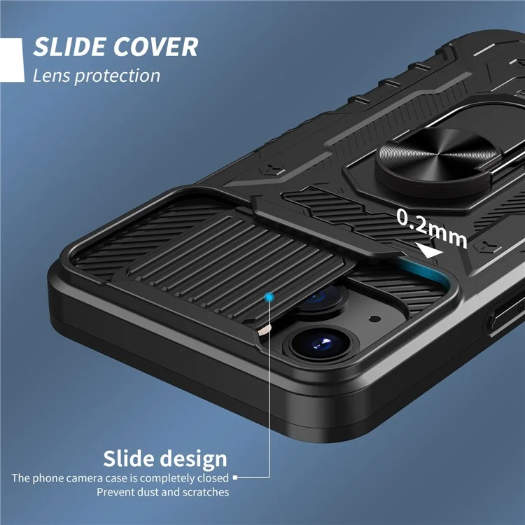 Slide Camera Protection Phone Case for iPhone 14 Plus, Kickstand PC + TPU Anti-drop Cover with Tempered Glass Film - Black