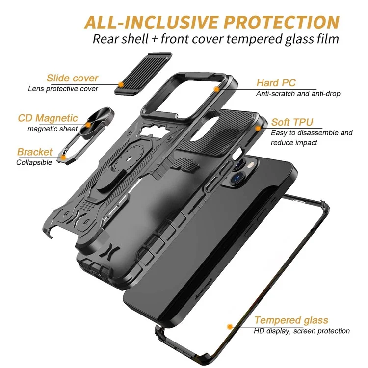 Slide Camera Protection Phone Case for iPhone 14 Plus, Kickstand PC + TPU Anti-drop Cover with Tempered Glass Film - Black