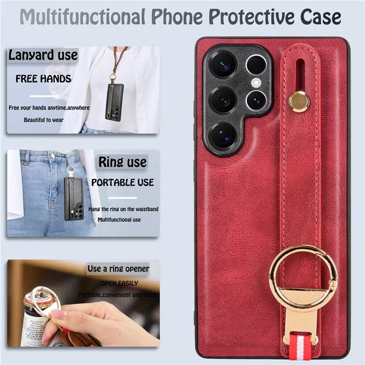 For Samsung Galaxy S25 Ultra Case Wristband Kickstand Leather + PC + TPU Phone Cover with Bottle Opener - Red