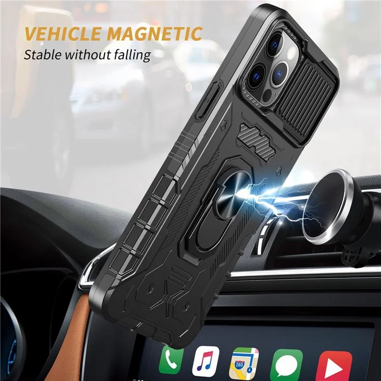 Funda Protectora de Cámara Deslizante con Soporte para iPhone 14 Pro, Película de Vidrio Templado de Cobertura Completa PC + Funda de Teléfono a Prueba de Golpes de TPU - Negro