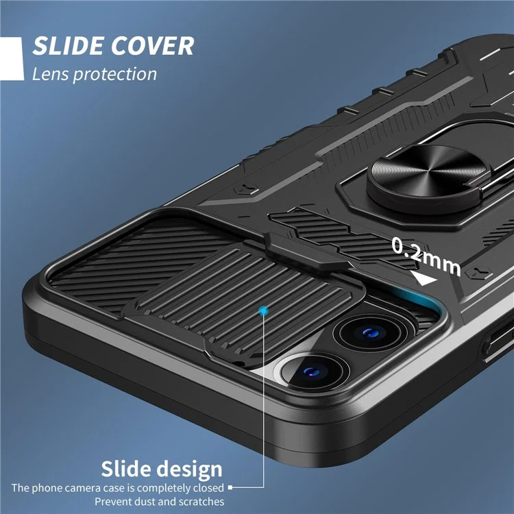Funda Protectora de Cámara Deslizante con Soporte para iPhone 14 Pro, Película de Vidrio Templado de Cobertura Completa PC + Funda de Teléfono a Prueba de Golpes de TPU - Negro