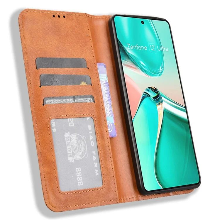 Pour Asus Zenfone 12 Ultra 5G Étui Portefeuille Support Cuir Rétro Texture Housse de Téléphone - Marron