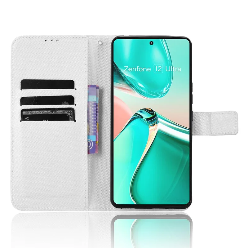 For Asus Zenfone 12 Ultra 5G Case PU Leather Diamond Texture Wallet Phone Cover - White