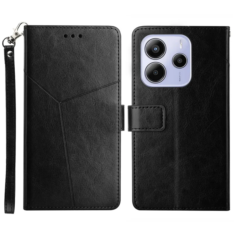 For Xiaomi Redmi Note 14 4G (164.84mm) Case with Wrist Strap Y Shaped Lines Imprint Leather Phone Cover - Black
