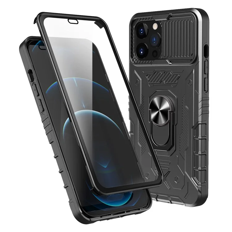 Per iPhone 14 Pro Max Ring Kickstand Phone Case Slide Camera Protection PC + TPU Hybrid Cover with Tempered Glass Film - Nero