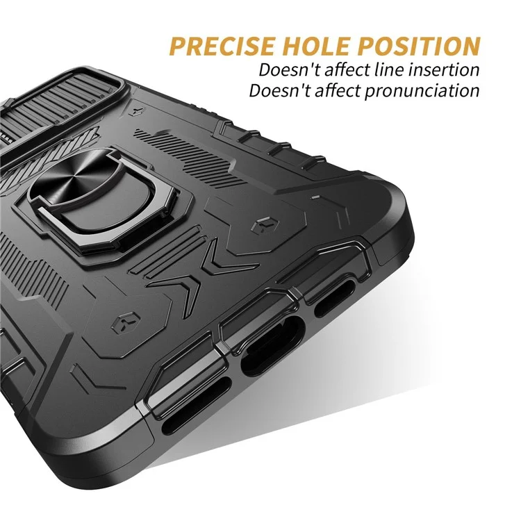 Per iPhone 14 Pro Max Ring Kickstand Phone Case Slide Camera Protection PC + TPU Hybrid Cover with Tempered Glass Film - Nero
