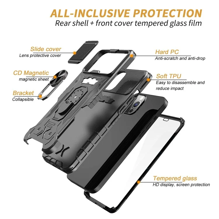 Per iPhone 14 Pro Max Ring Kickstand Phone Case Slide Camera Protection PC + TPU Hybrid Cover with Tempered Glass Film - Nero