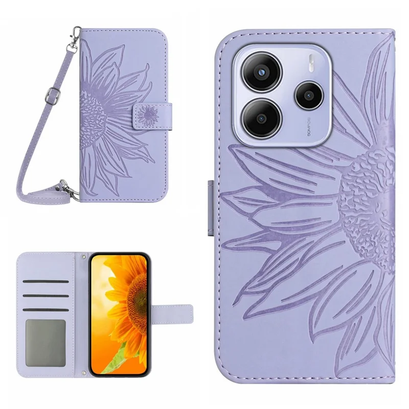 For Xiaomi Redmi Note 14 4G (164.84mm) Case Sunflower Imprint PU Leather Phone Cover with Long Strap - Light Purple