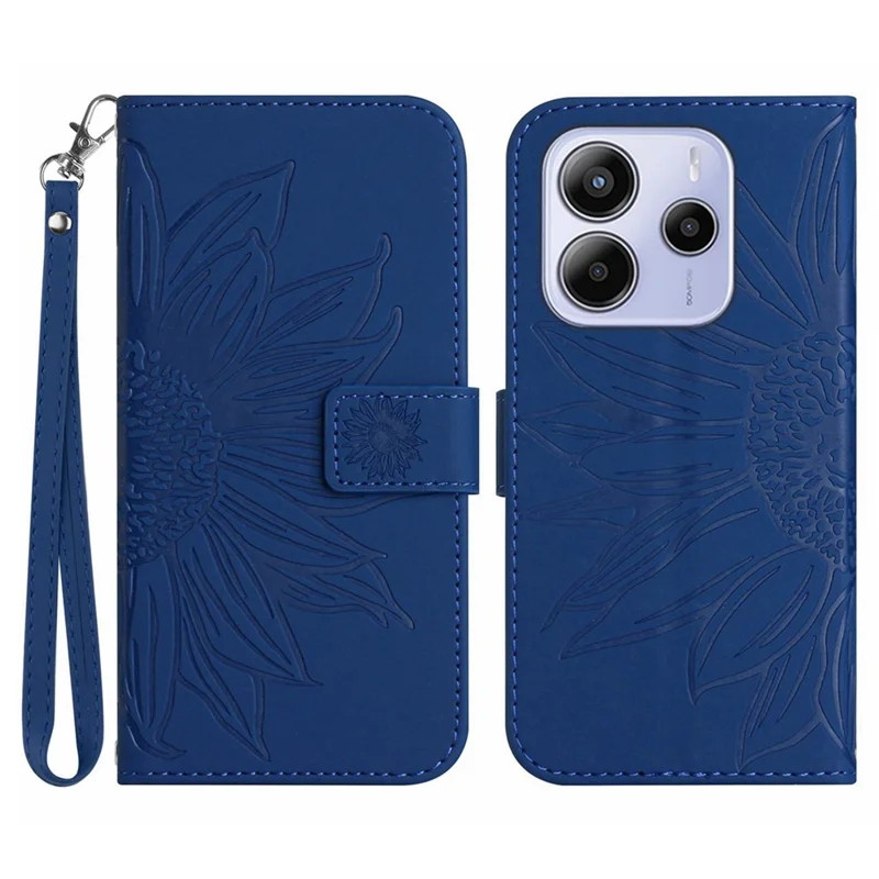 For Xiaomi Redmi Note 14 4G (164.84mm) Case Sunflower Imprint Leather Wallet Phone Cover with Wrist Strap - Sapphire