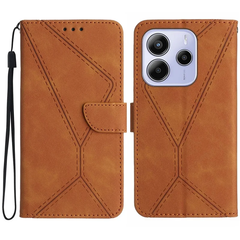 For Xiaomi Redmi Note 14 4G (164.84mm) Case Skin Touch Lines Imprinted PU Leather Flip Phone Cover - Brown