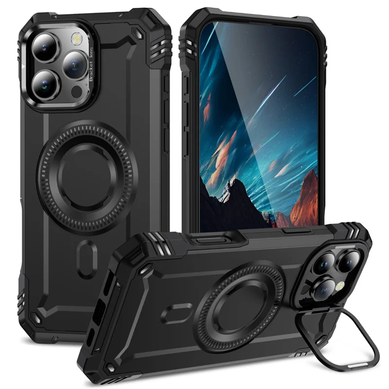 Magnetische Hülle für iPhone 16 Pro mit Linsenhalterung und Ständer, PC + TPU Stoßfeste Handyhülle - Schwarz